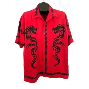 VTG Dragonfly Roadhouse Dragon Bones Button Down Shirt LARGE Single Stitch‎ Red